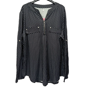 Black and White Polka Dot Zipper Front Long Sleeve Top Size by Luckymore 2XL